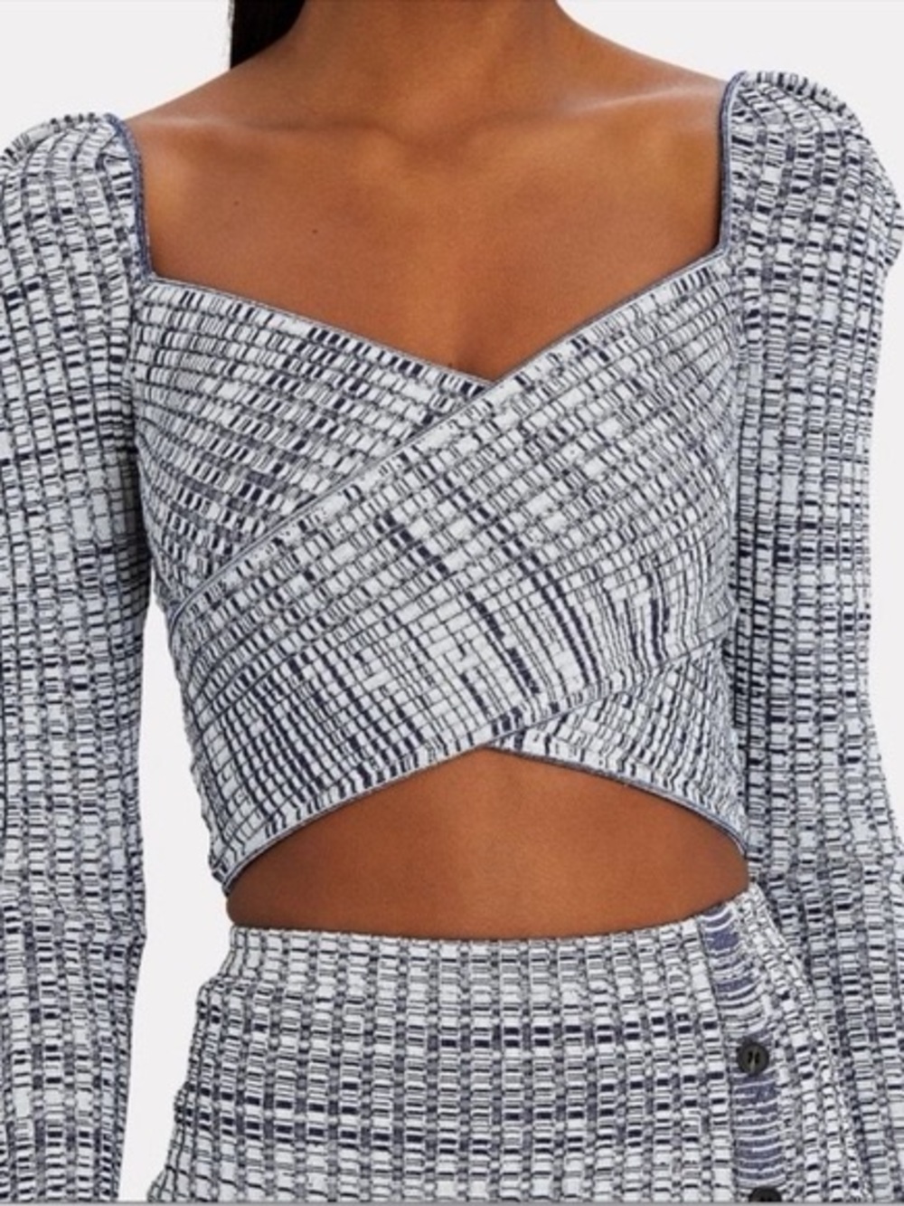 Self Portrait Blue Ribbed LS Cropped Top sz S